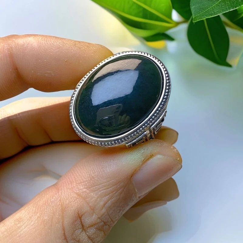 和田玉S925银男戒玉石戒指鸽子蛋黑色银戒18*25