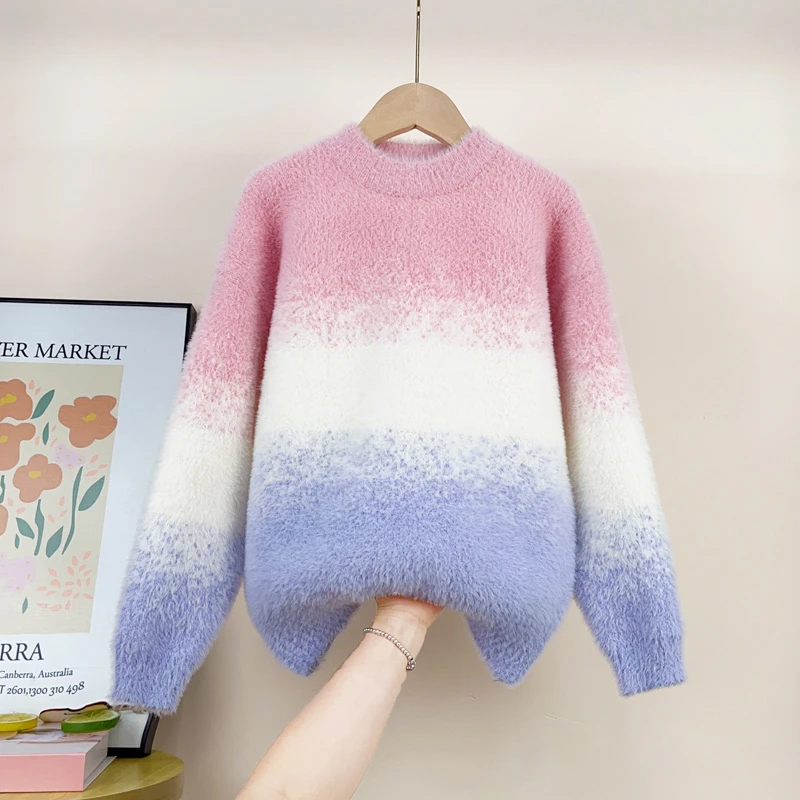 女童加绒加厚毛衣秋冬新款水貂绒洋气中大童内搭上衣针织打底衫