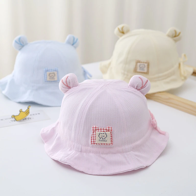 婴儿帽子春秋薄款纯棉夏季男女宝宝渔夫帽抽绳婴幼儿女童遮阳盆帽