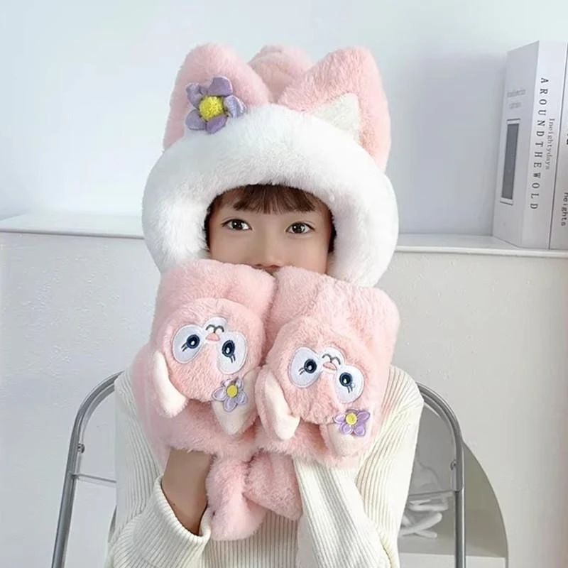 儿童帽子围巾手套三件套冬季卡通宝宝防风一体帽男女童毛绒护耳帽