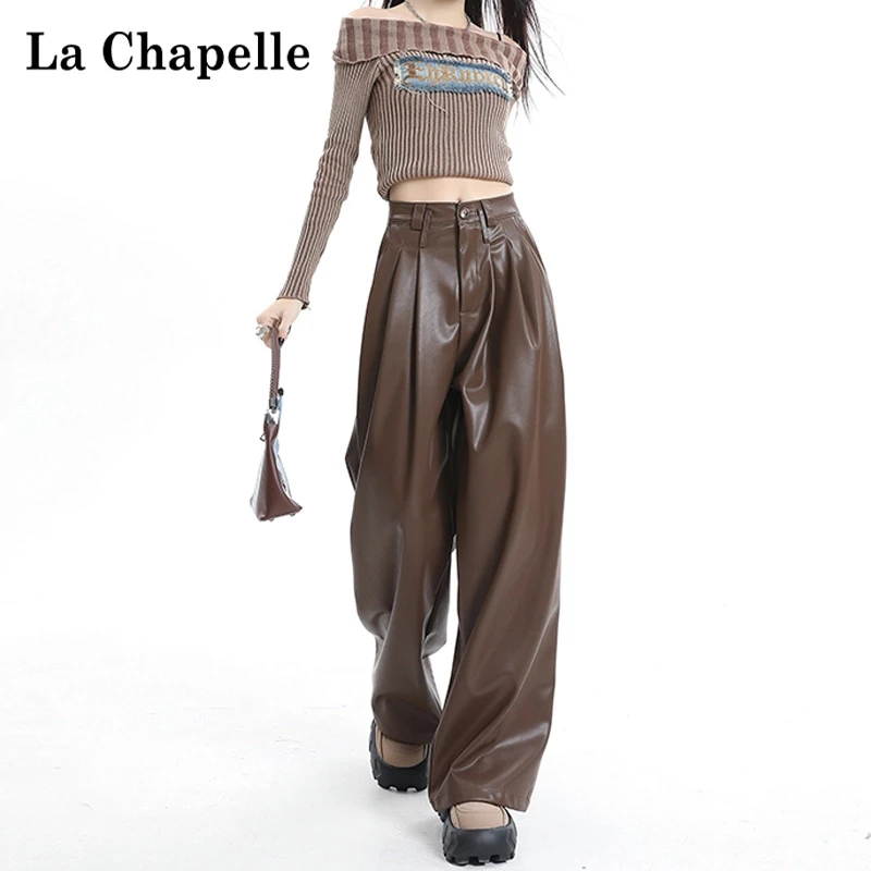 【拉夏贝尔】棕色皮裤爆款洋气秋冬时尚女款2025显瘦宽松阔腿裤子