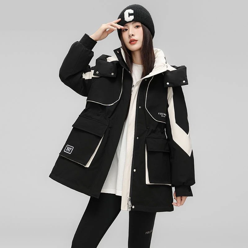新款冬季小个子派克服2023时尚收腰中长款棉服外套女时尚拼色棉衣