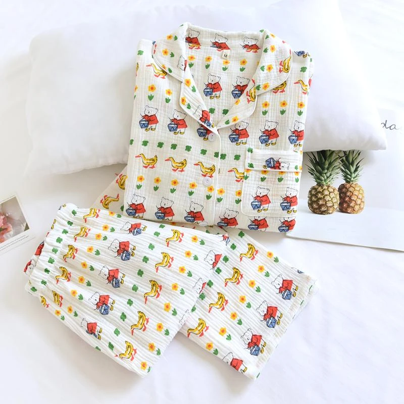 春夏秋薄纯棉泡泡棉纱可爱卡通熊宽松长袖全棉外穿家居服睡衣套女