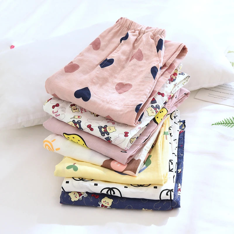 春夏秋薄纯棉棉纱简约直筒樱桃熊印花宽松全棉空调薄家居裤睡裤女