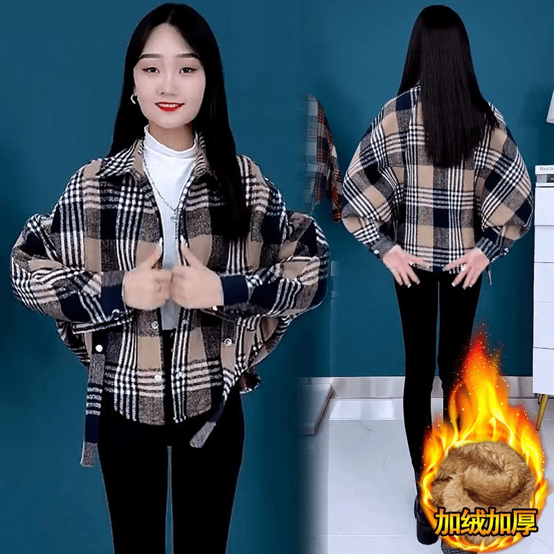 加绒加厚格子外套女2025新款爆款蝙蝠袖宽松休闲短款百搭上衣