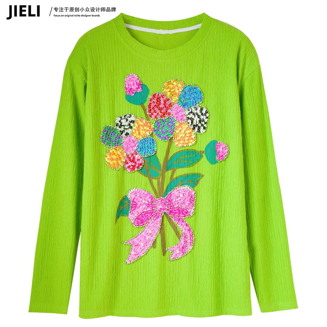 JIE LI/街力 长袖T恤女春秋季高级感显瘦内搭绿色打底上衣女T6962