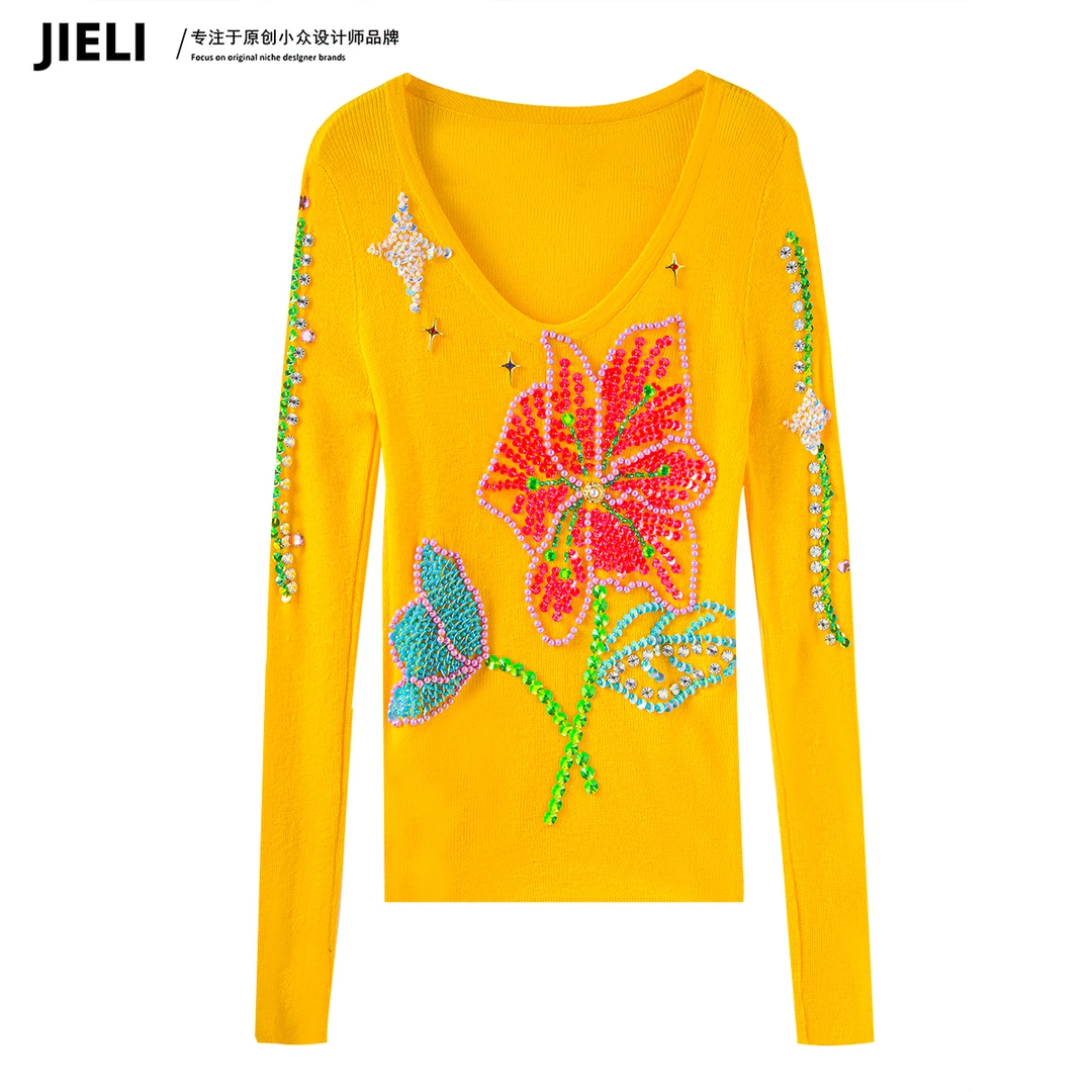 JIE LI/街力 长袖T恤女春秋季高级感显瘦内搭黄色打底上衣女Q6831