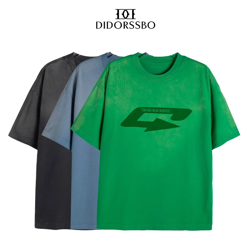 DIDORSSBO夏季重磅棉水洗做旧复古渐变印花宽松圆领T恤短袖2032