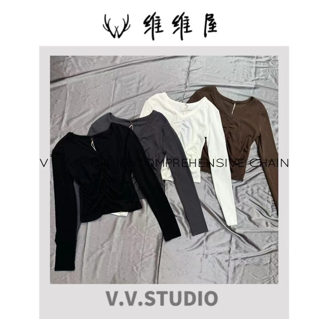 V·V·Studio-【V领褶皱】小蛮腰T恤