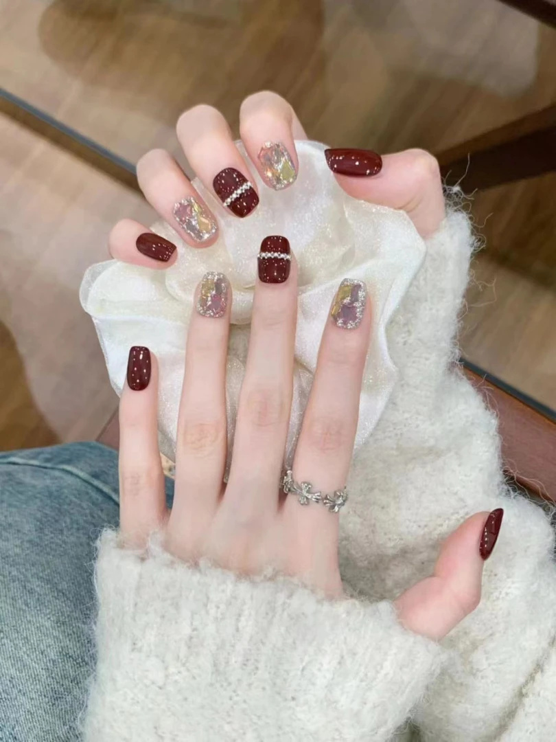 【贝壳珊瑚】纯手工美甲酒红色系妥妥的新年战甲可拆卸穿戴甲