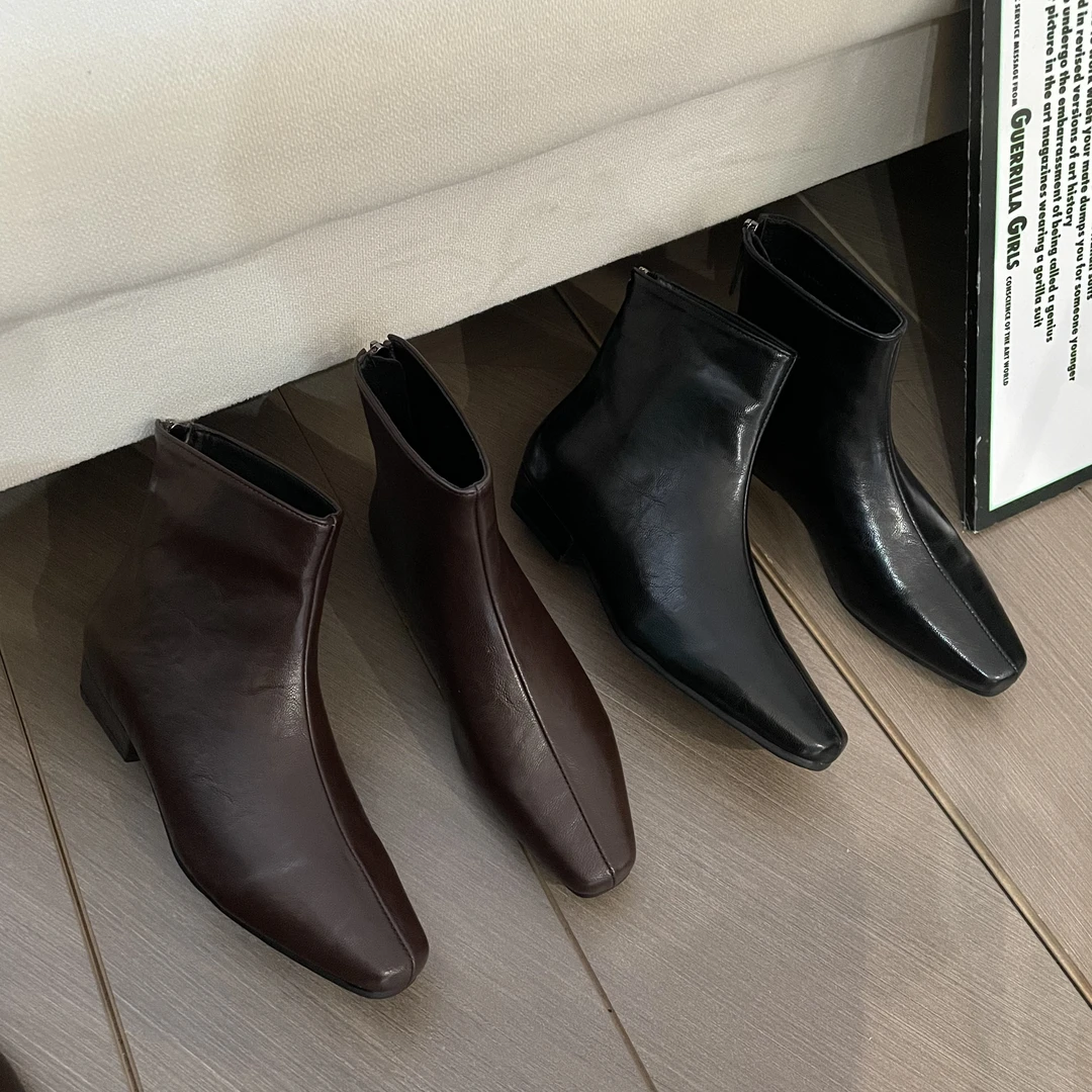 （2）2024新款短靴时髦典复古低跟小方头靴瘦瘦靴后拉链百搭女鞋