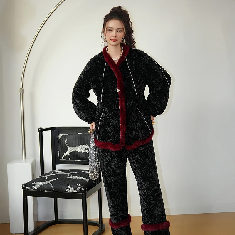 AUDREYEWANG中世纪美学绗棉睡衣女套装冬季加绒保暖家居服11392