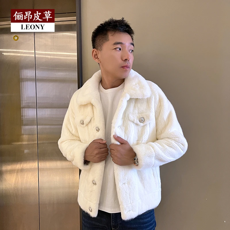 【扬叔推荐】俪昂 男士大衣21015时尚外套翻领水貂毛皮复古休闲 白