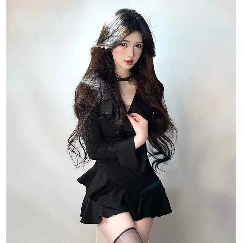 【现货秒发】荷叶边v领辣妹连衣裙女春夏法式气质黑色修身包臀短裙