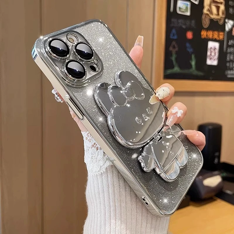 创意闪粉苹果15promax手机壳iPhone16兔子补妆镜14保护壳13电镀框