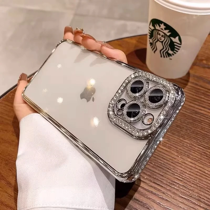 带闪粉镜头膜苹果16promax手机壳iPhone17水钻边框15透明14保护壳