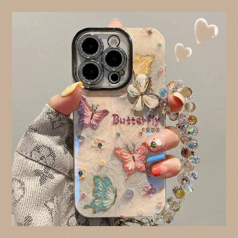 适用苹果15promax手机壳iPhone14油画彩色蝴蝶13个性12闪粉保护套