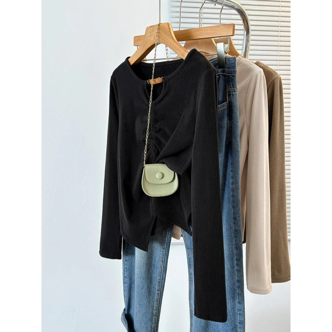 秋季新款大码女装时尚百搭百褶打底T恤微胖mm设计感显瘦遮肚上衣