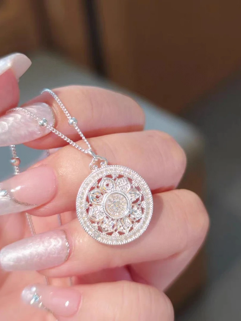 坠链均足银合成锆石 八宝罗盘套链足银纯银双面时尚镶嵌民族风珠