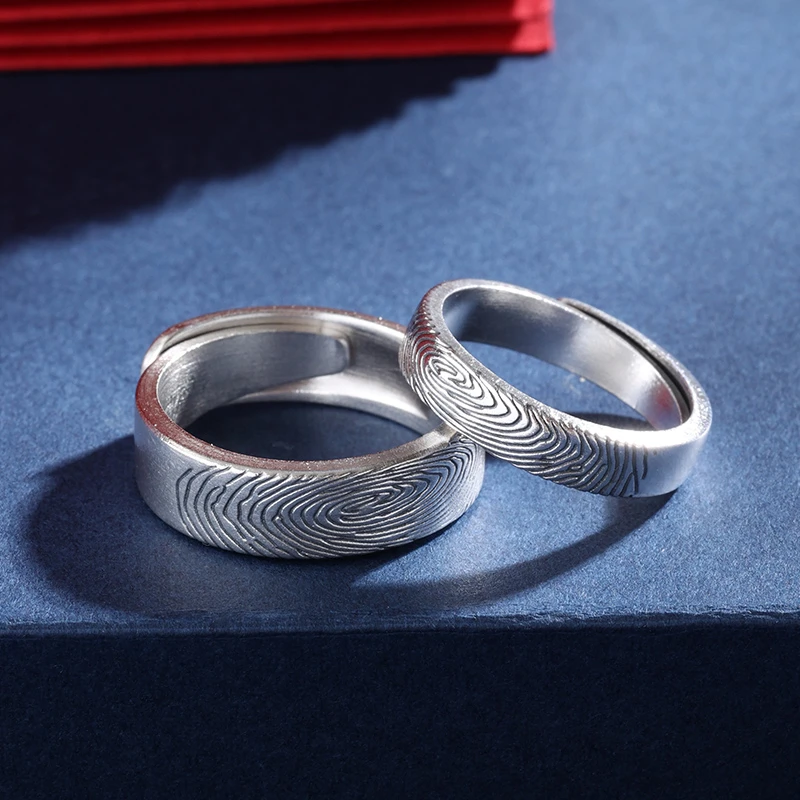 足银戒指 纯银情侣戒指一对男女999足银指纹纪念礼物对戒可刻字