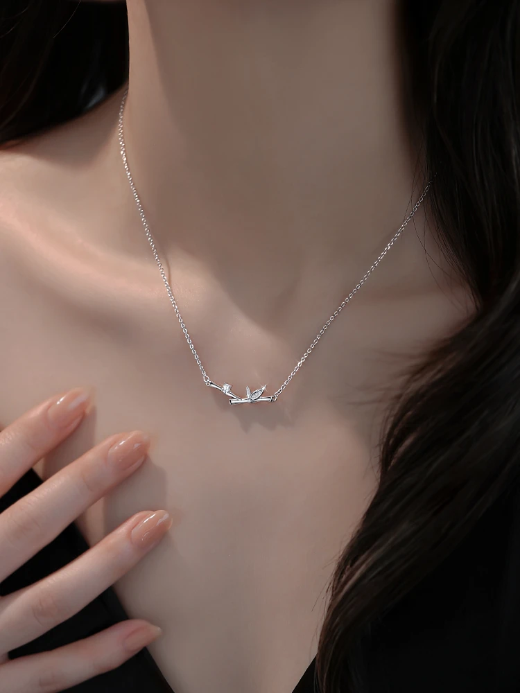 坠链均足银合成锆石 纯银竹节项链节节高升颈链轻奢竹高锁骨链女