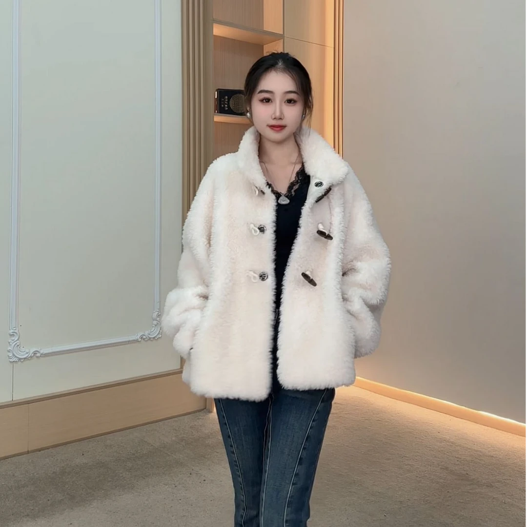Xuesa/雪撒100羊毛牛角扣养剪绒皮草大衣女短款2024冬新款轻奢880