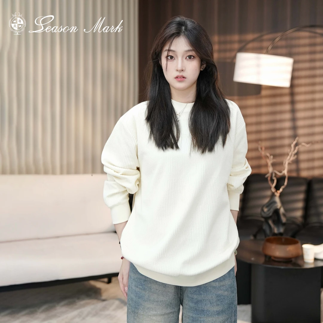 SEASONMARK提花肌理设计感圆领纯色休闲百搭宽松长袖卫衣男女时尚