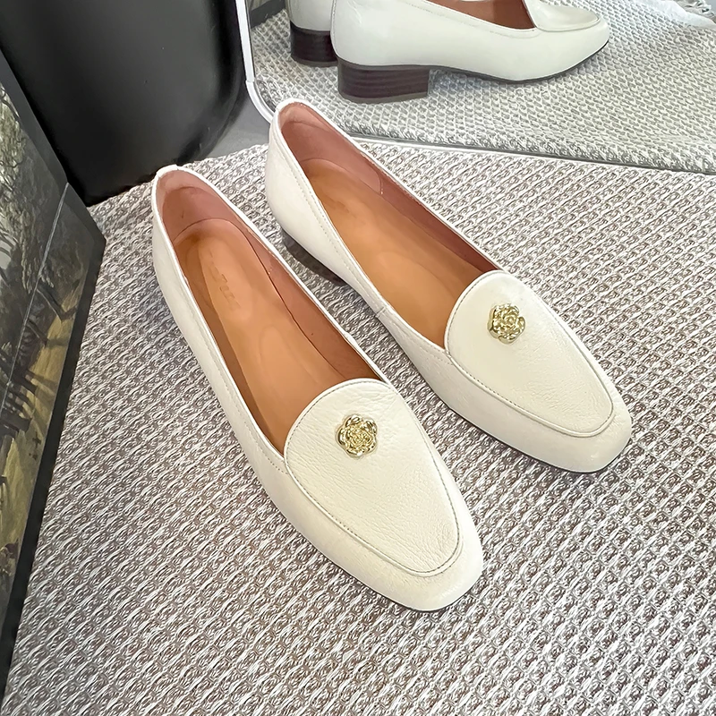 半坊手工女鞋/34-40/3.0cm/法式方头浅口山茶花软面真皮粗跟单鞋