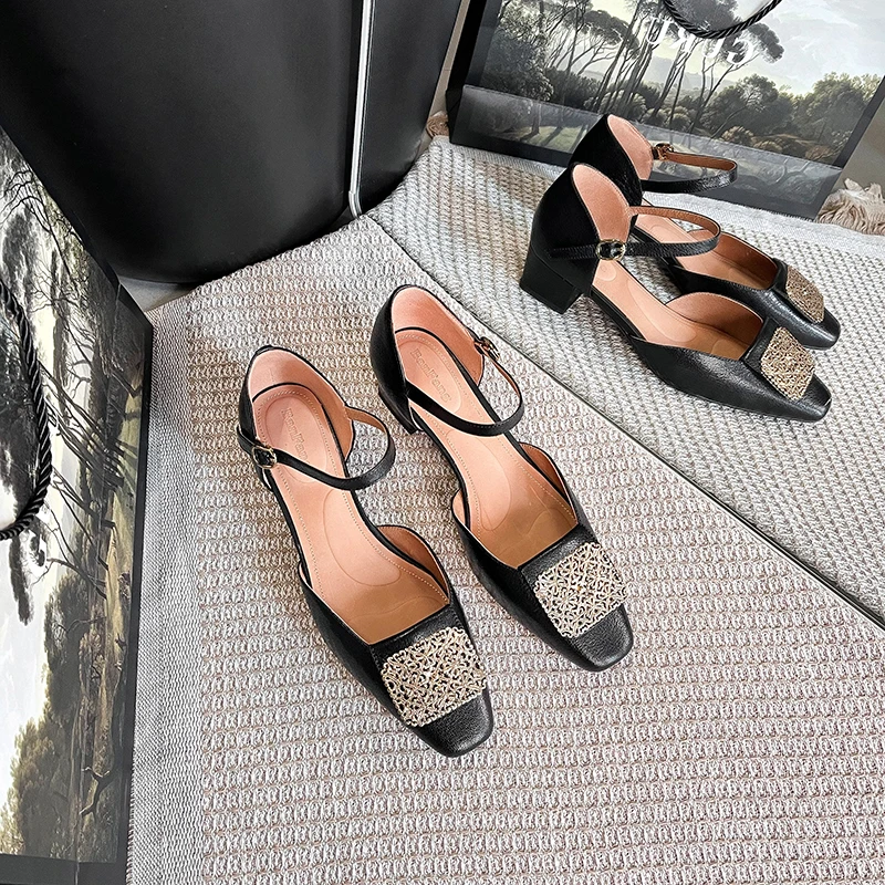 半坊手工女鞋|34-40|4.0cm|法式复古方头金属浅口中空一字带凉鞋