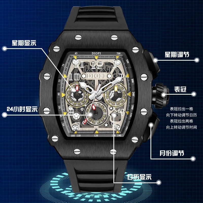 理查德同款赛车手&小丑系列三眼六针全自动机械表夜光防水硅胶带