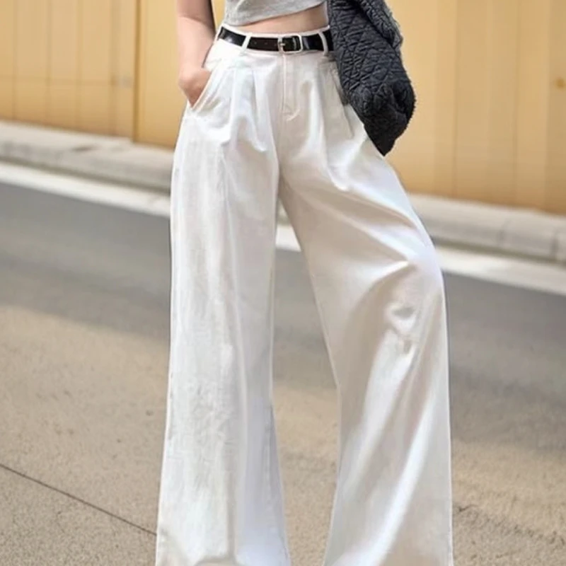 白色阔腿牛仔裤女新款高腰显瘦宽松褶皱慵懒垂感直筒裤子阔腿裤