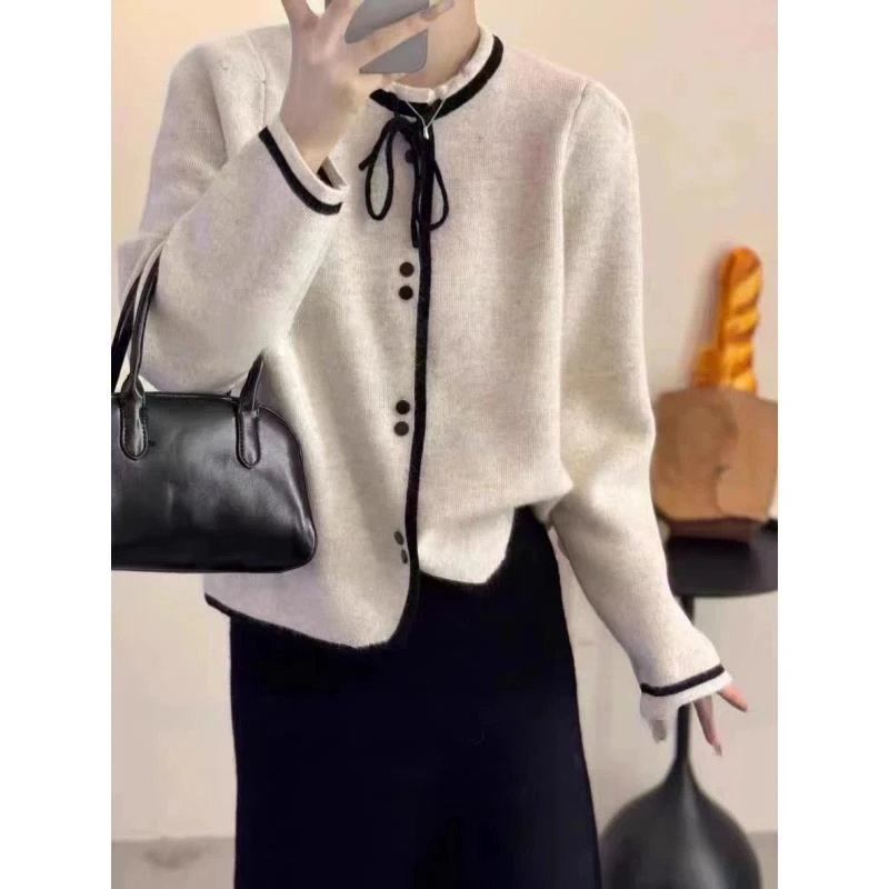 法式小香风短款针织开衫女秋冬打底毛衣外套蝴蝶结上衣外套A101