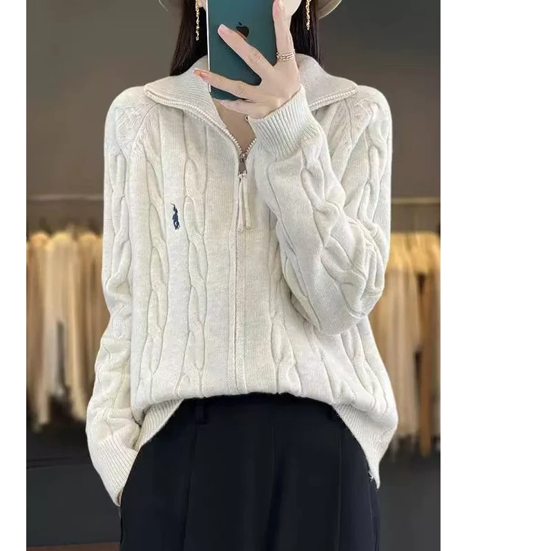 【运费补贴】极简风翻领拉链毛针织衫毛衣加厚提花冬季女毛秋冬毛衫