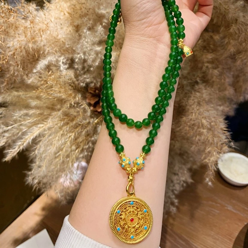 铜合金项链 新中式古典镂空雕花织纹雕刻图案绿色珠珠项链