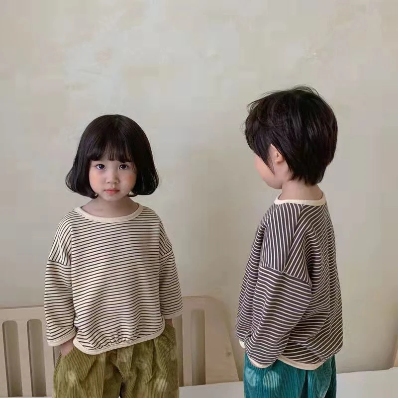 巴拉新款男女童装洋气外穿薄款宽松卫衣韩国儿童棉质时尚条纹上衣