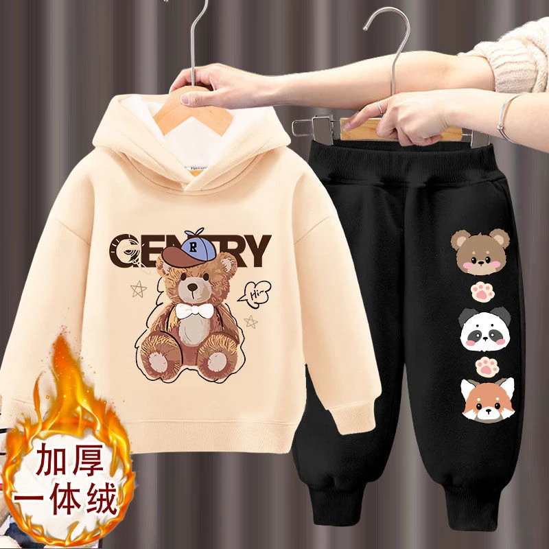 巴拉加绒套装冬季新款洋气女童保暖衣服一体绒加厚卫衣卫裤两件套