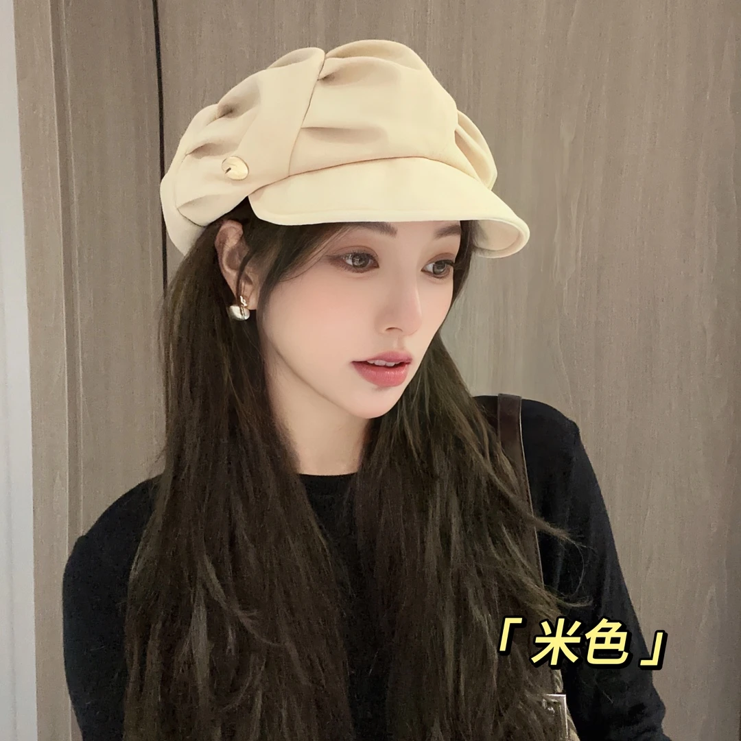云朵帽子女褶皱包脸显脸小八角帽出游日常休闲韩版素颜短檐贝雷帽