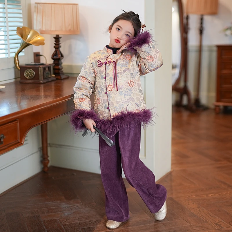 女童棉服外套紫色驼鸟毛年服2025冬季新款新中式国风新年衣服裤子