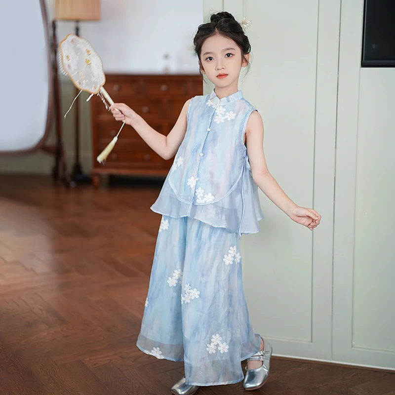 0769227女童套装2025夏季新款绣花无袖上衣阔腿裤国风汉服两件套