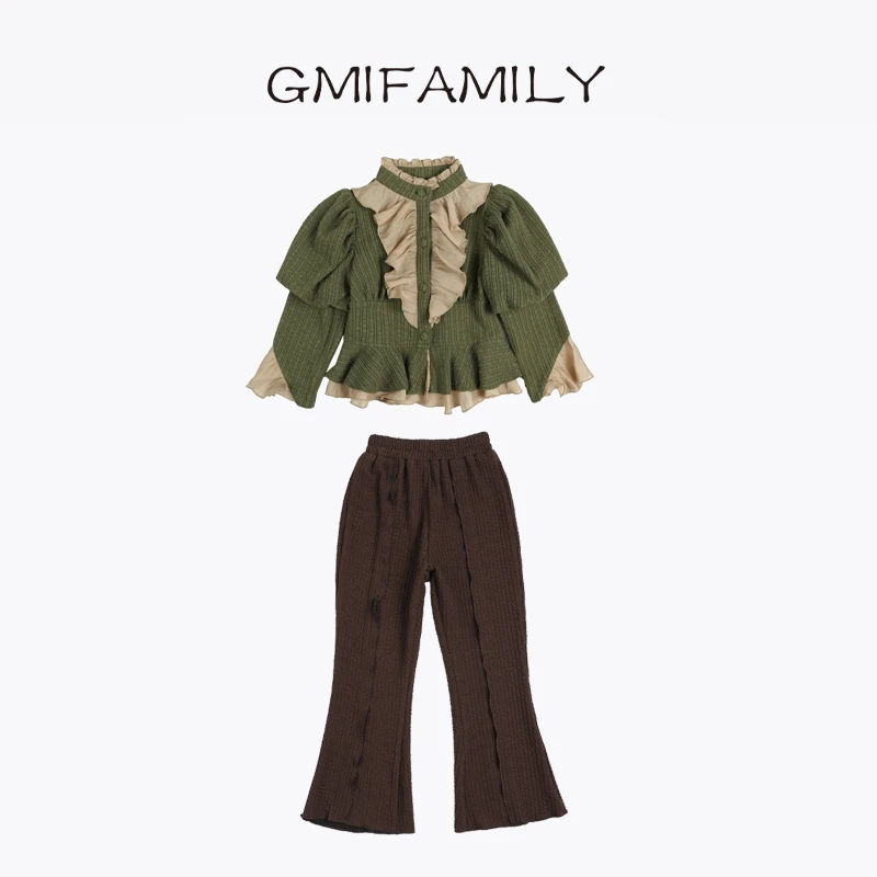 2102【花颜醉】女童秋装复古时尚设计感褶皱上衣喇叭裤子套装裤