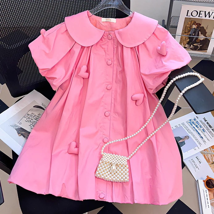 553168粉色衬衫爱心女童连衣裙夏季2025新款娃娃领泡泡袖公主裙子