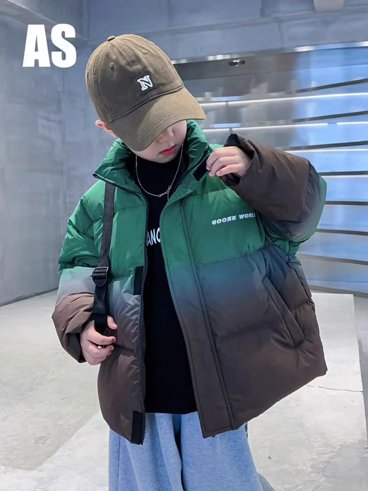 男童渐变ins棉服女童保暖冬装中长款冬季棉衣中大童韩版加绒加厚