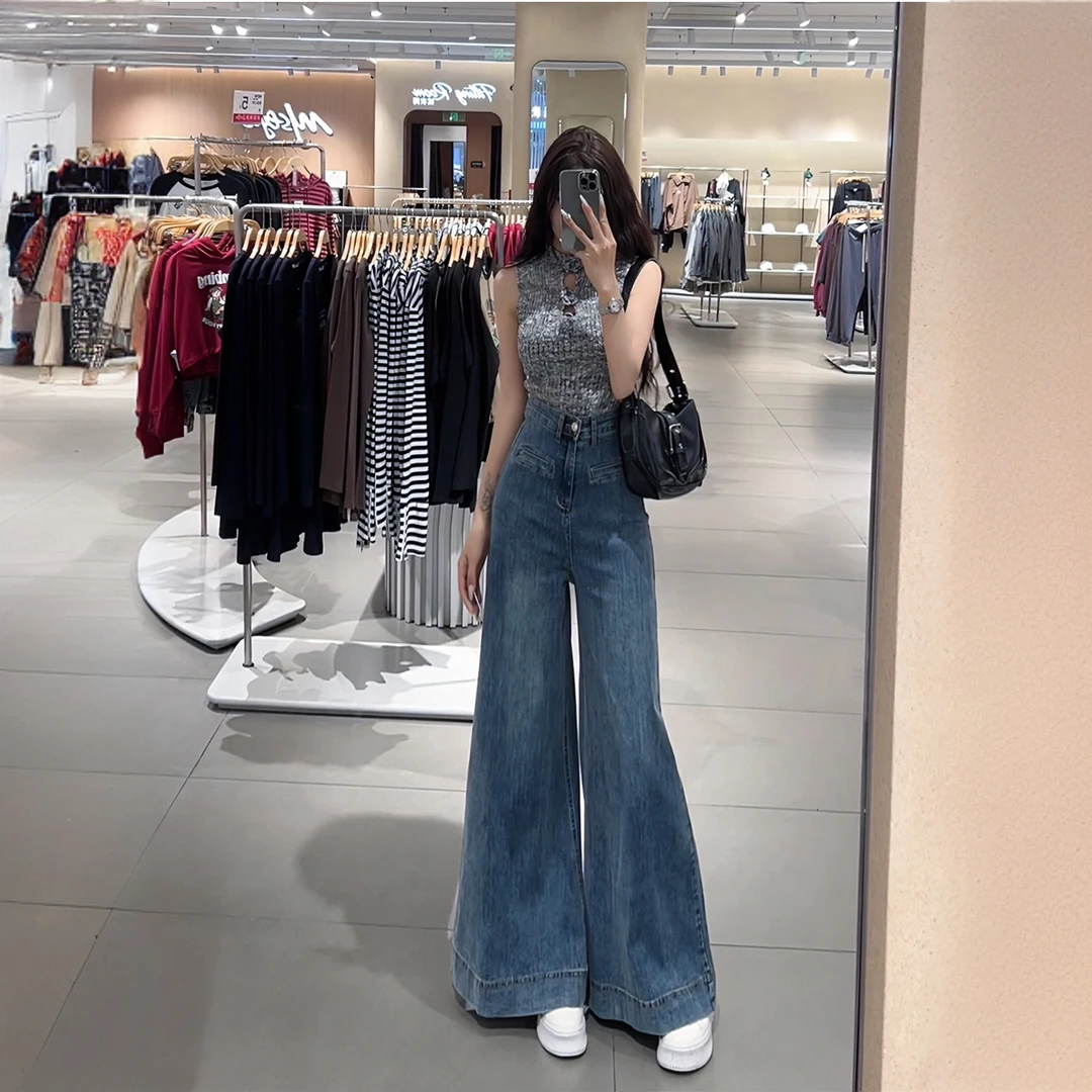 复古蓝色宽松大喇叭牛仔裤女2025春夏季高腰显瘦窄版拖地阔腿裤子