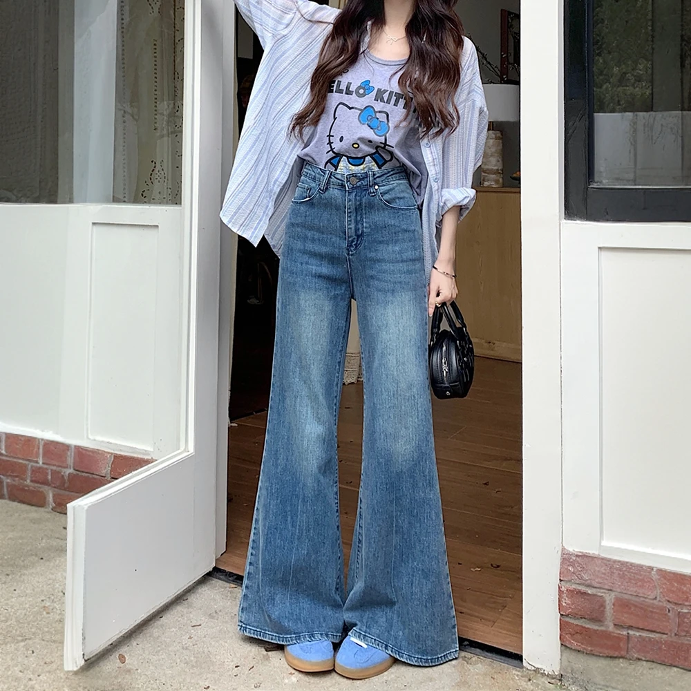 水洗蓝色喇叭裤女春夏百搭高腰牛仔裤宽松显瘦直筒裤小个子阔腿裤