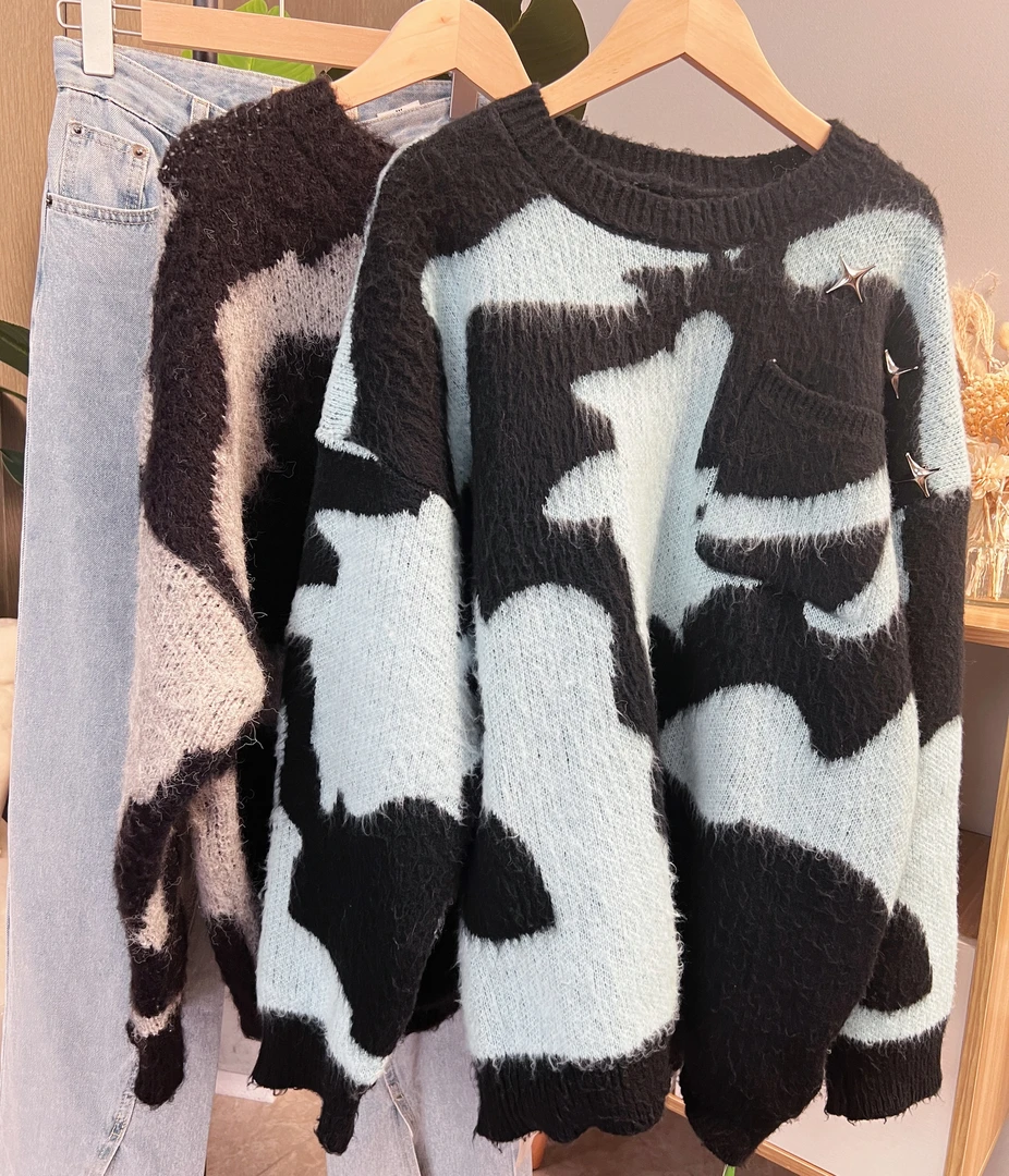 氛围感慵懒风宽松扎染套头潮流时尚星星秋冬情侣针织衫 ZY23842