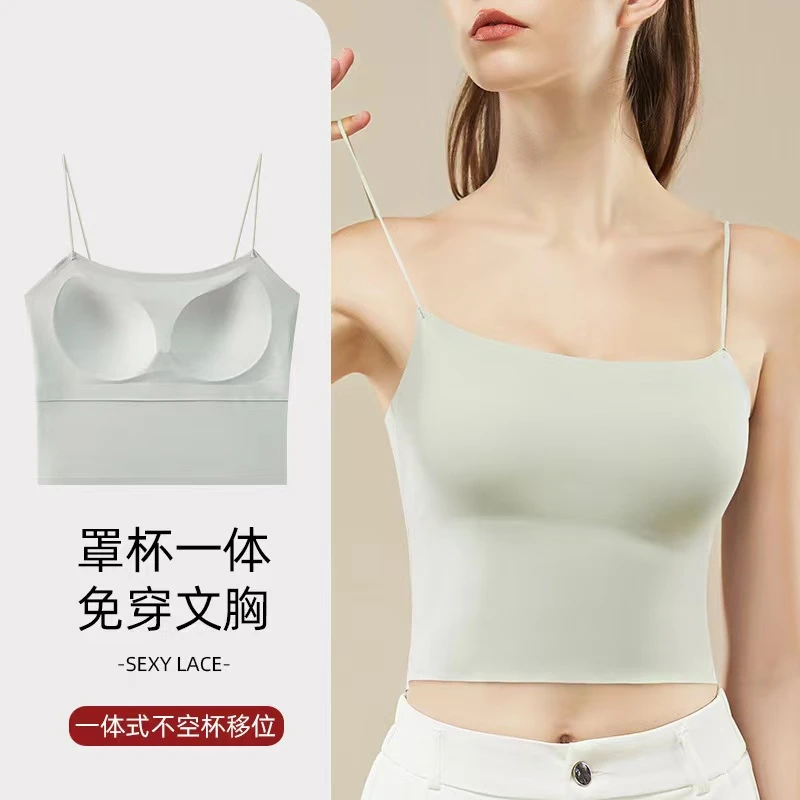 无痕凉感固定杯吊带内衣背心时尚女一体式带胸垫内搭外穿美背抹胸