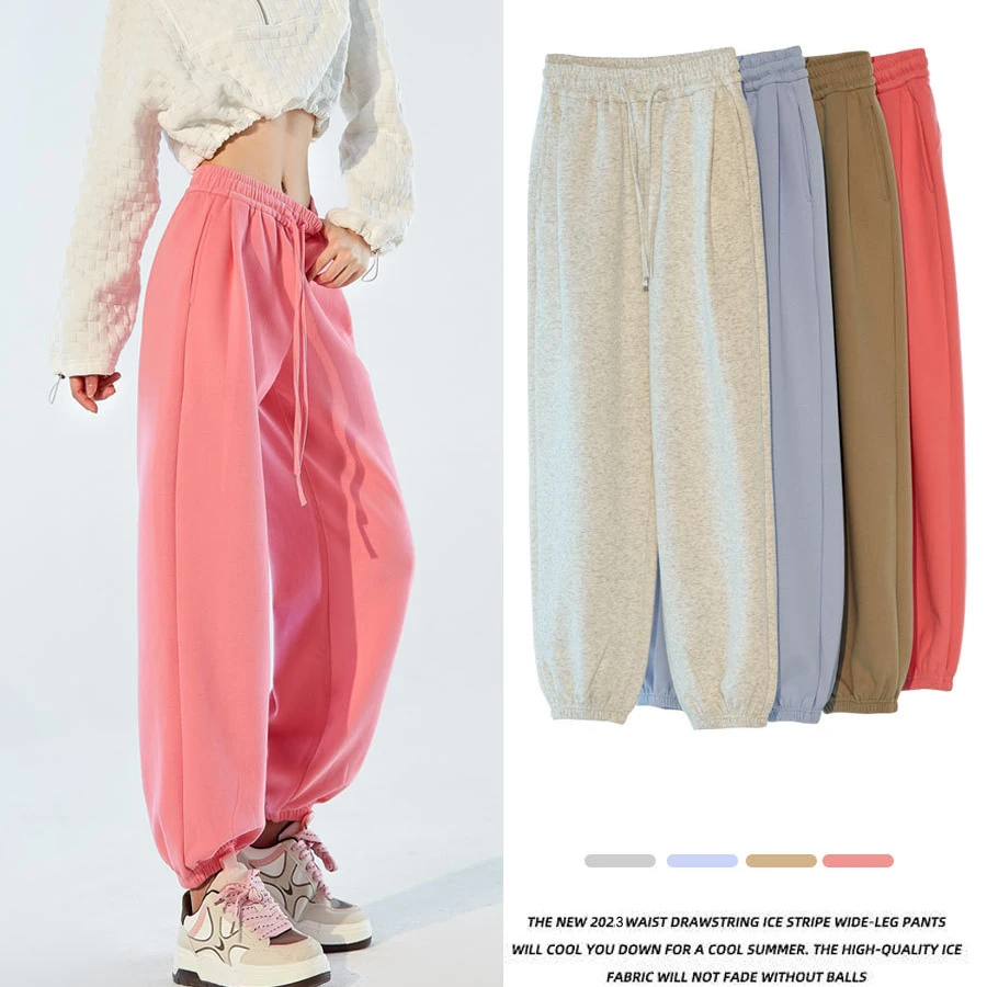 美式运动裤女裤子春秋2024新款束脚宽松大码休闲裤白灰色卫裤网红