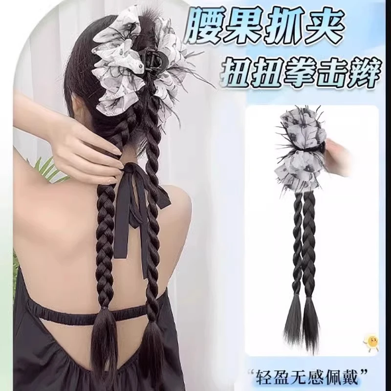 新中式腰果花抓夹国风水墨画染麻花拳击辫仿真发扭扭辫马尾假发辫