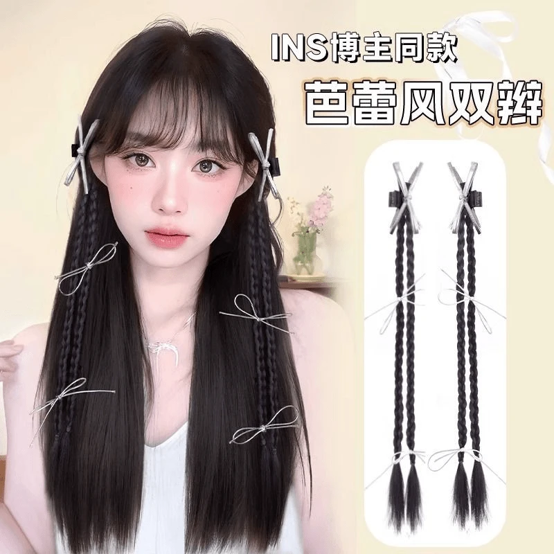 假发辫子女抓夹马尾ins风丝带双麻花辫发饰低扎新中式假发辫马尾