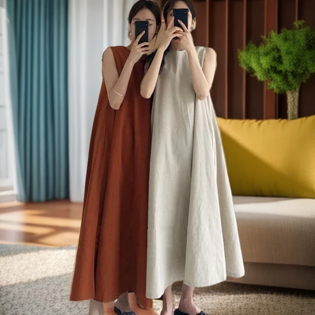 福利专属天然棉麻连衣裙宽松纯色大摆无袖长款高级棉麻女装连衣裙